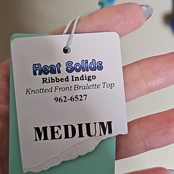 NWT Heat Medium Blue Ribbed knotted Tie Front scoop bikini top - Picture 3 of 4